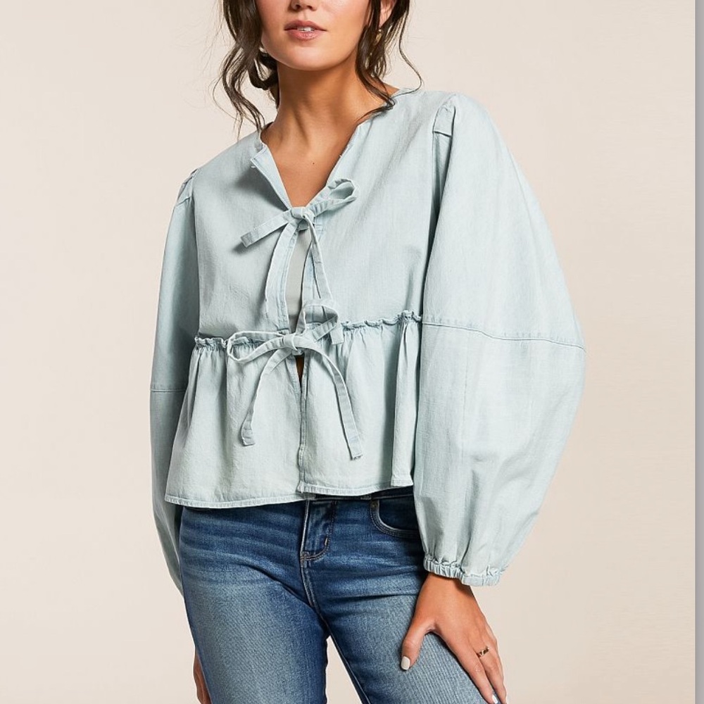 NWT Free People Brunch Babe Chambray Tie Front Top Sz Small